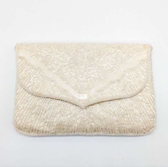 Vintage off white fully beaded snap close small clutch handbag - Picture 2 of 9